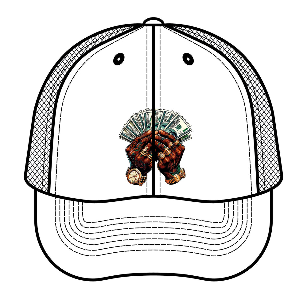 Baseball cap with a design of hands holding money and baseballs on a white background