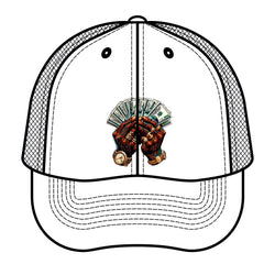 Baseball cap with a design of hands holding money and baseballs on a white background
