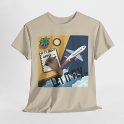 Beige t-shirt with a graphic design featuring a hand, notebook, and airplane on a light gray background