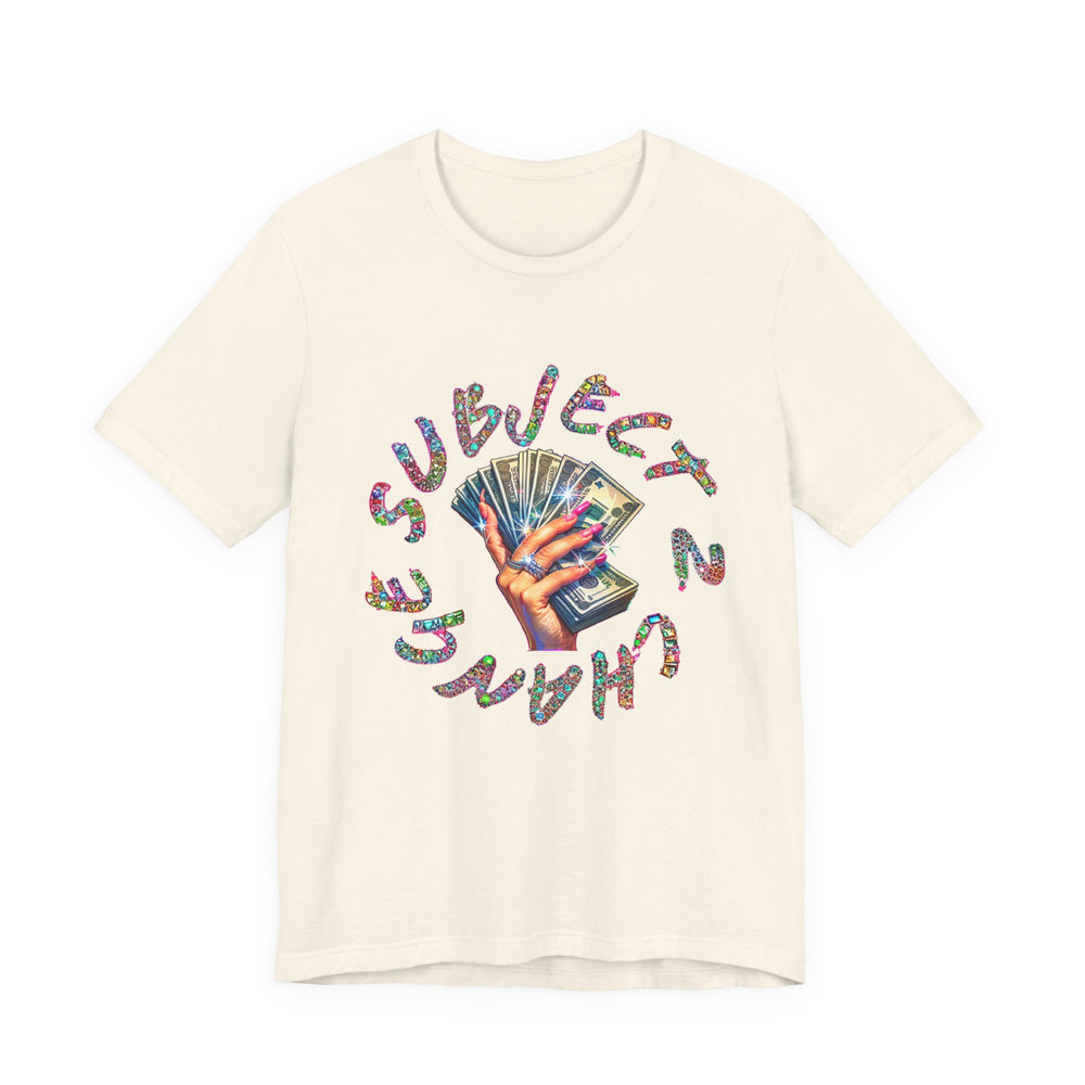Beige t-shirt with colorful graphic design and text on a white background
