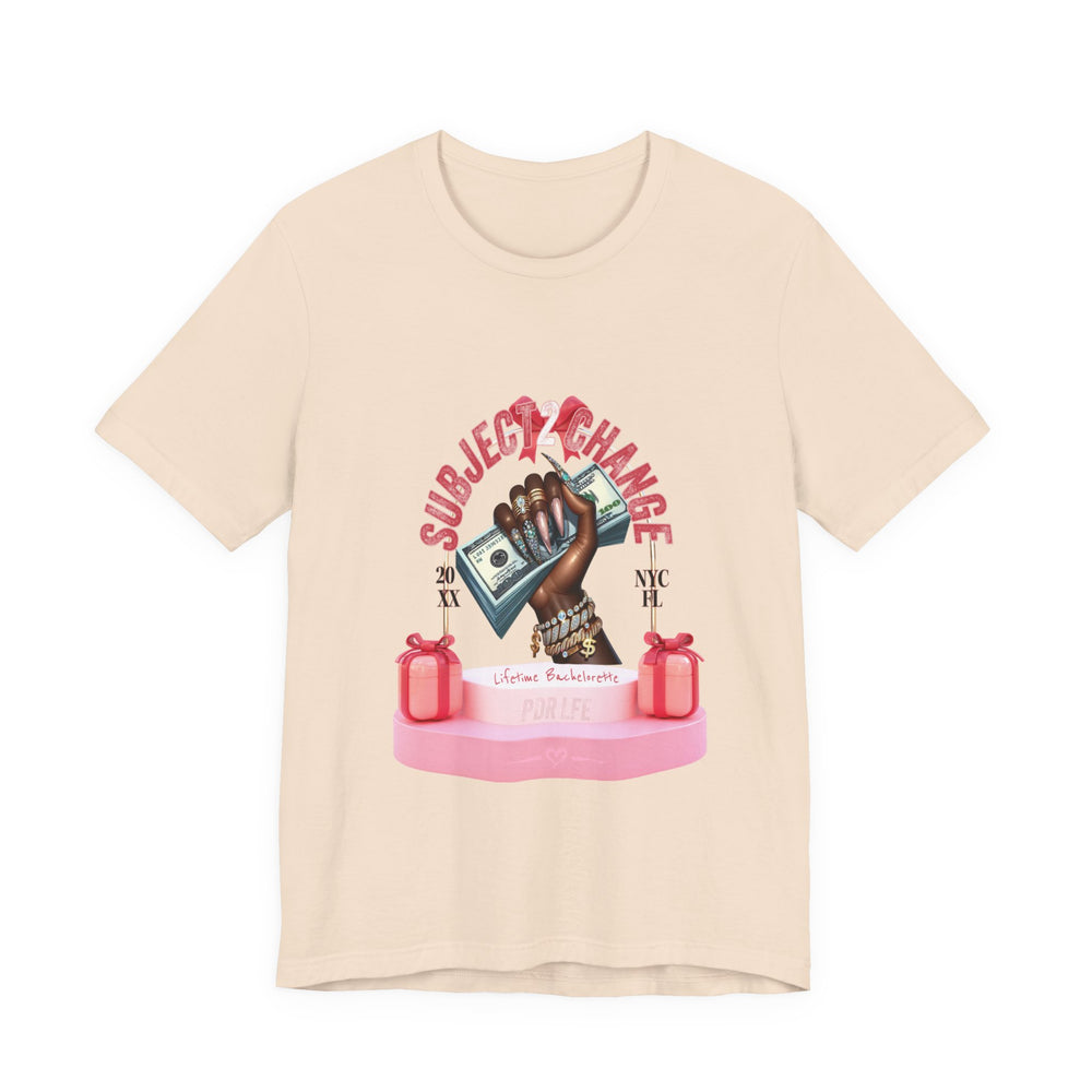 Beige t-shirt with graphic design of a hand holding money and text on a white background