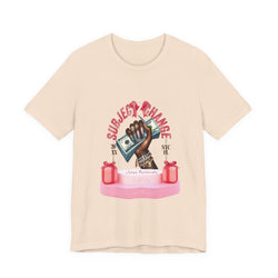 Beige t-shirt with graphic design of a hand holding money and text on a white background