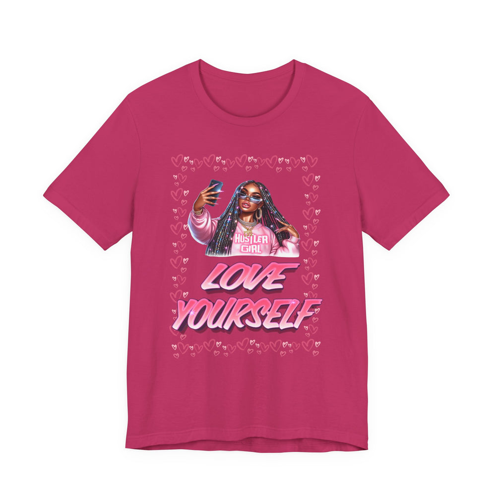 Berry color t-shirt with graphic design and text on a white background