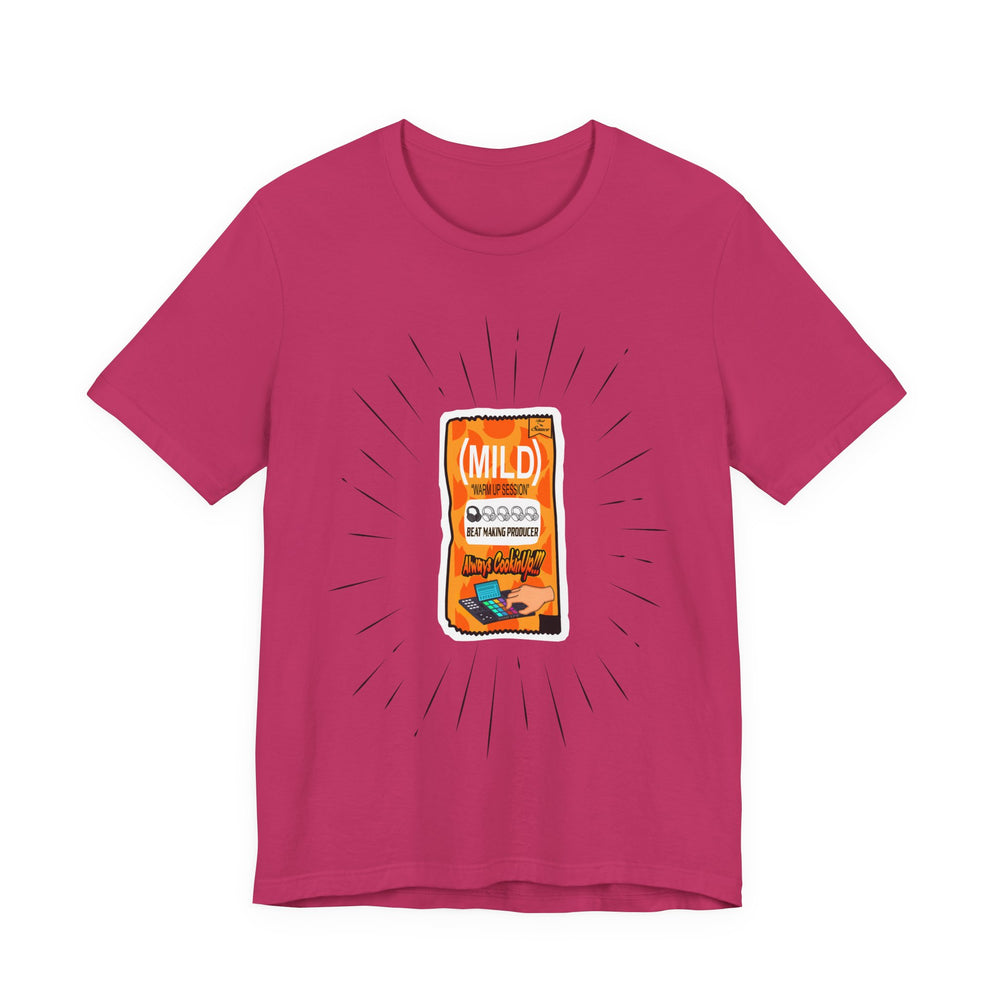 Berry t-shirt with a graphic of a snack package on a white background