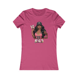 Berry t-shirt with a graphic of a woman and text on a white background