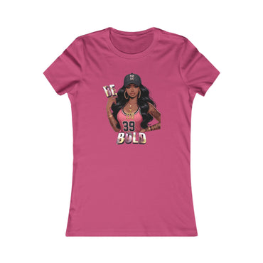 Berry t-shirt with a graphic of a woman and text on a white background