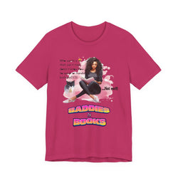 Berry t-shirt with a graphic of a woman, cat, and text on a white background