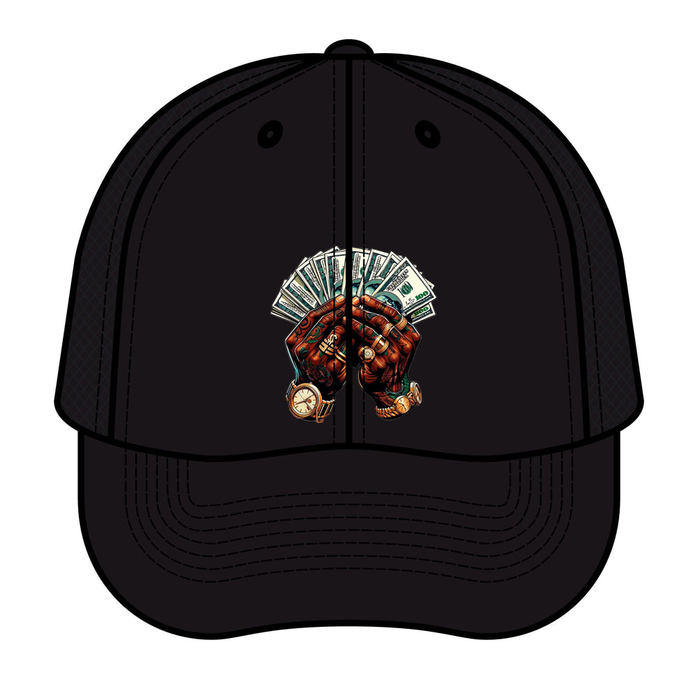 Black cap with a graphic of hands holding money on a white background