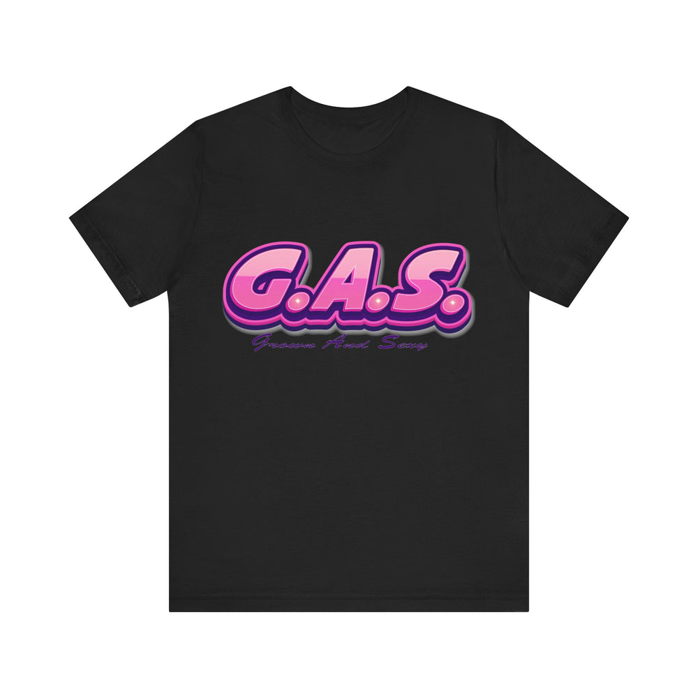 Black t-shirt with 'G.A.S.' in pink and purple on a white background