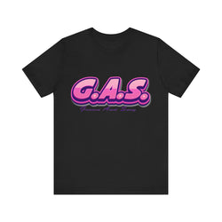 Black t-shirt with 'G.A.S.' in pink and purple on a white background