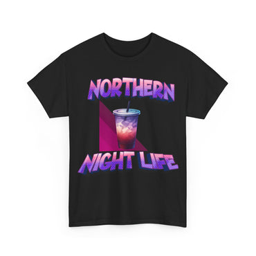 Black t-shirt with 'Northern Night Life' graphic design on a white background