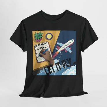 Black t-shirt with a colorful graphic design on a white background