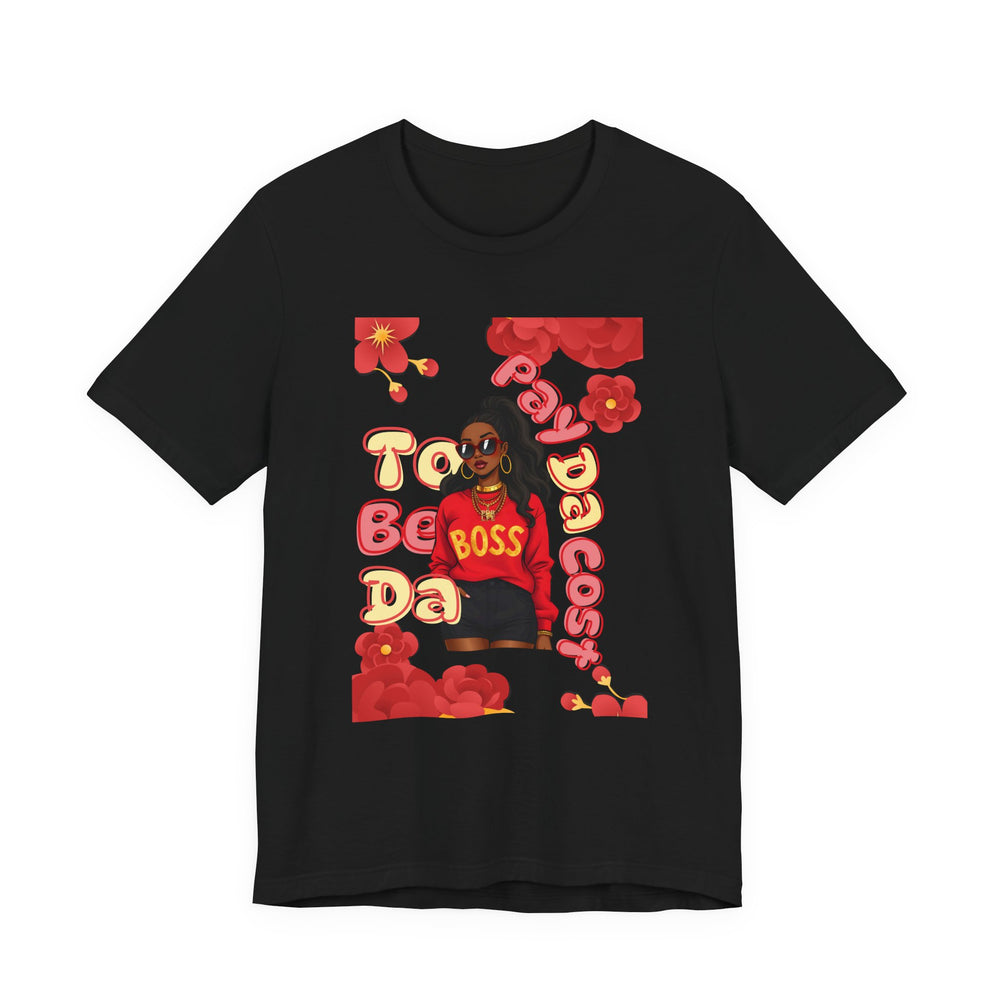Black t-shirt with a graphic design featuring text and a person in a red outfit on a white background