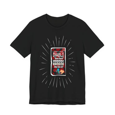 Black t-shirt with a graphic design of a Diablo hot sauce bottle on a white background