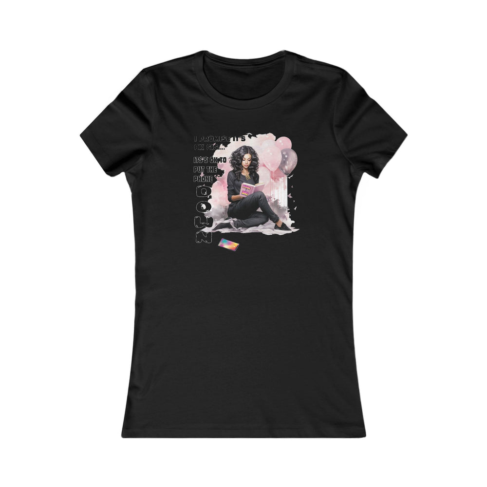 Black t-shirt with a graphic design of a woman sitting on a cloud holding balloons on a white background