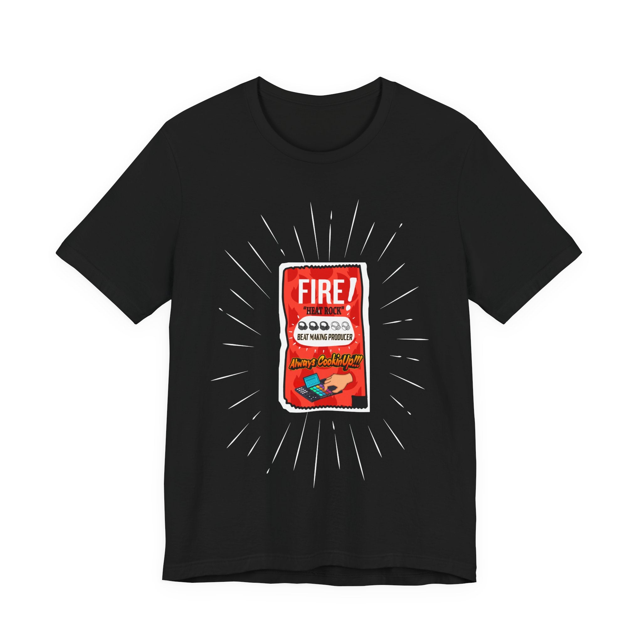 Black t-shirt with a graphic of a fire extinguisher label on a white background