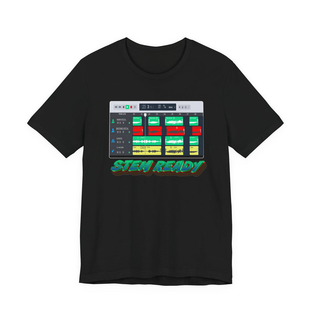 Black t-shirt with a graphic of a music production interface and 'STEM READY' text on a white background