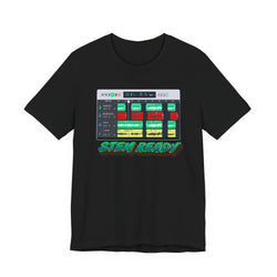 Black t-shirt with a graphic of a music production interface and 'STEM READY' text on a white background