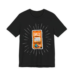 Black t-shirt with a graphic of a packet labeled 'Mild' on a white background