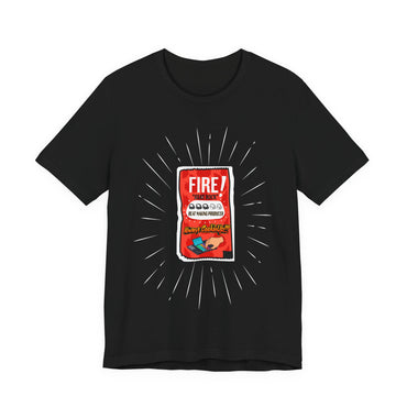 Black t-shirt with a graphic of a fire extinguisher label on a white background