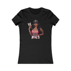Black t-shirt with a graphic of a woman and 'Be Bold' text on a white background