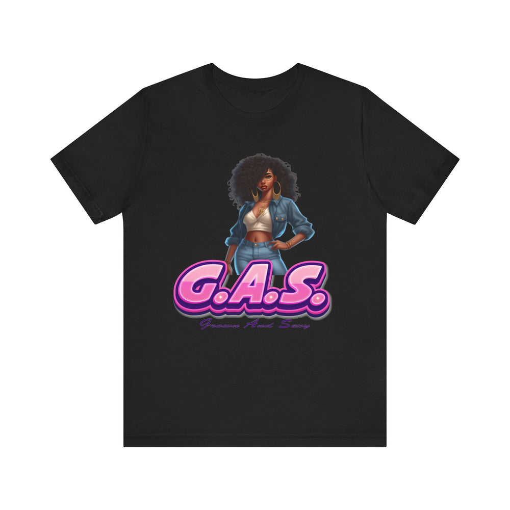 Black t-shirt with a graphic of a woman and 'G.A.S.' text on a white background