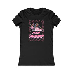 Black t-shirt with a graphic of a woman and 'Love Yourself' text on a white background