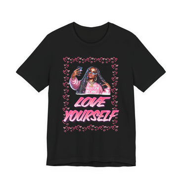 Black t-shirt with a graphic of a woman, hearts, and 'Love Yourself' text on a white background