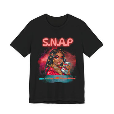 Black t-shirt with a graphic of a woman holding a phone and the text 'S.N.A.P' on a white background.