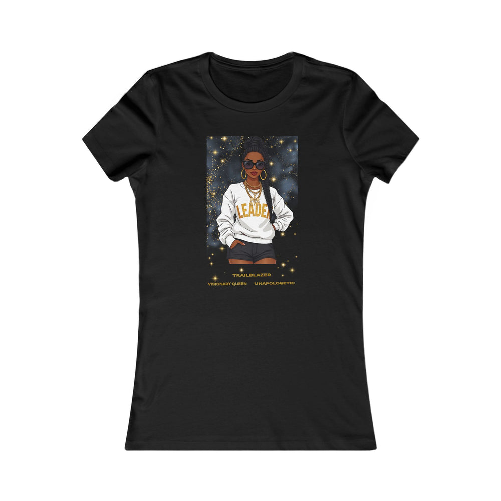 Black t-shirt with a graphic of a woman wearing a 'Leader' sweatshirt on a white background