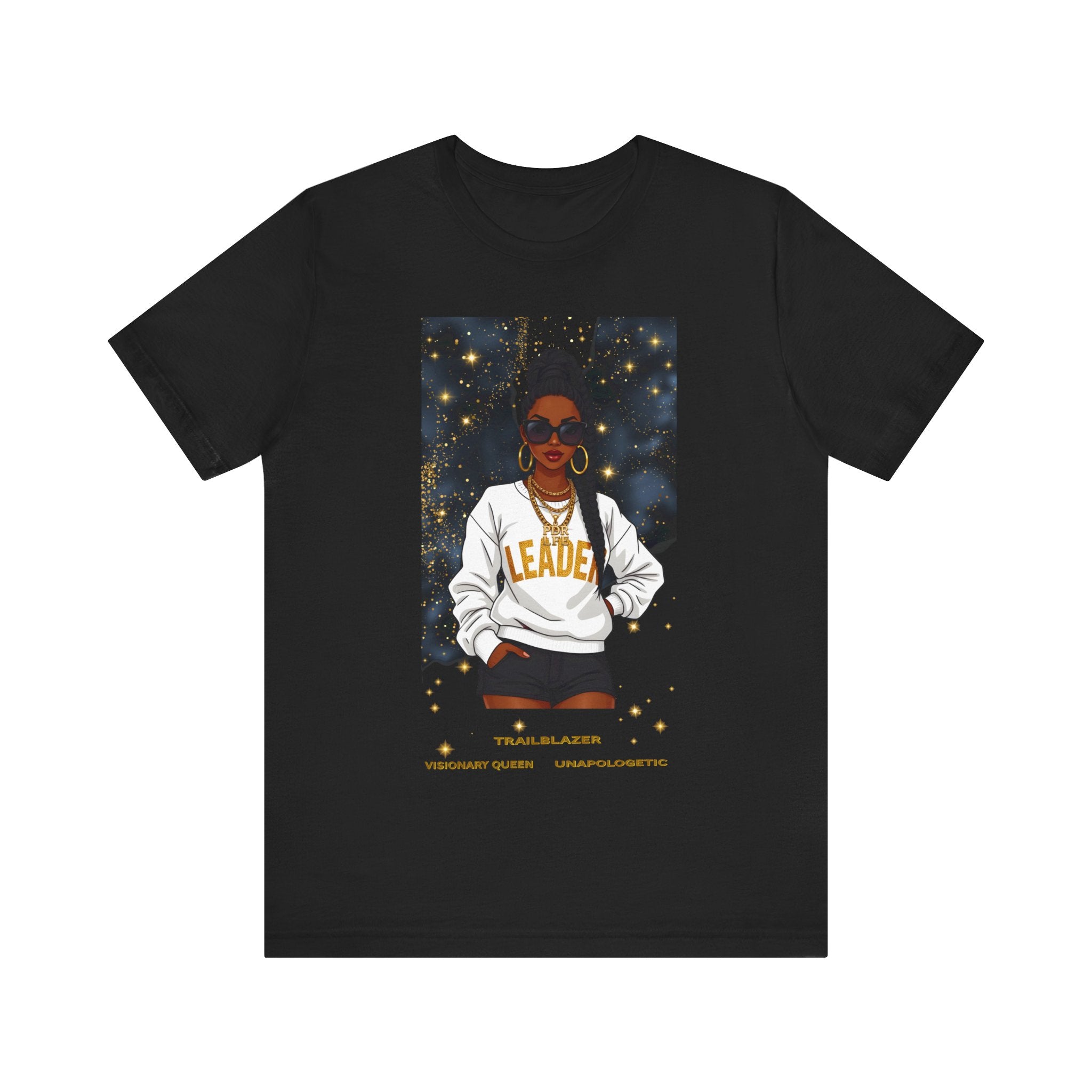 Black t-shirt with a graphic of a woman wearing sunglasses and a 'Leader' sweatshirt on a white background.