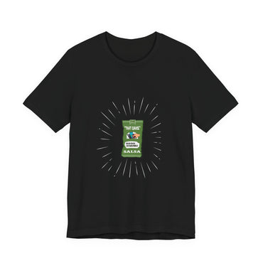 Black t-shirt with a green salsa beats graphic on a white background