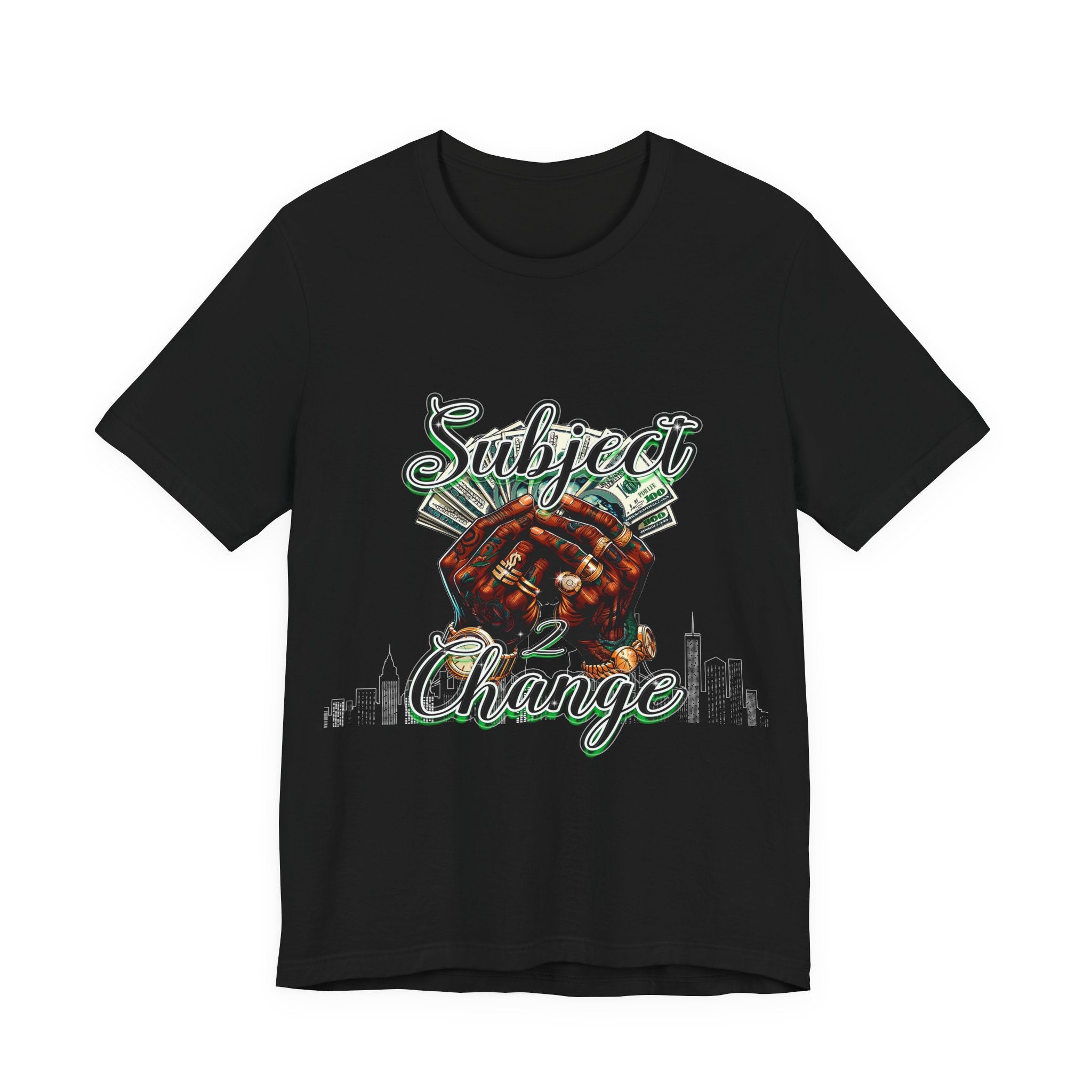 Black t-shirt with colorful graphic and text on a white background