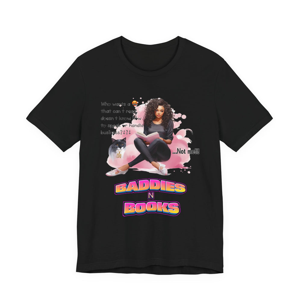 Black t-shirt with graphic design and text on a white background