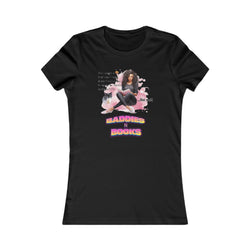 Black t-shirt with graphic design of a woman, text, and a couch on a white background