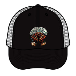 Black trucker cap with a graphic of hands holding money and a baseball glove on a white background