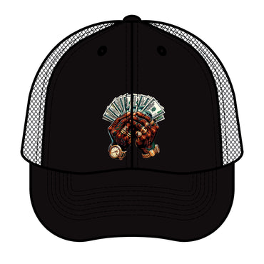 Black trucker cap with a graphic of hands holding money and a baseball glove on a white background