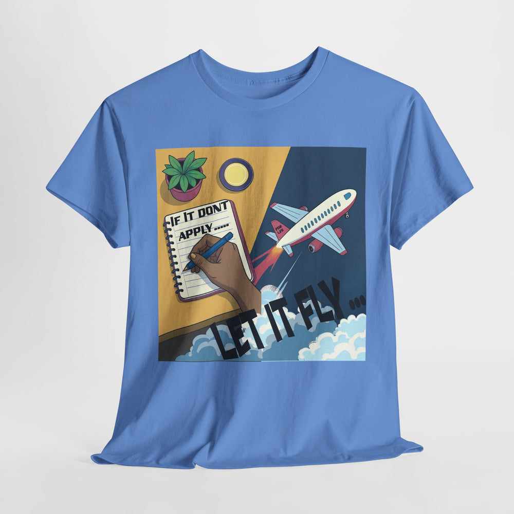 Blue t-shirt with a graphic design featuring a hand, notebook, plant, and airplane on a light gray background.