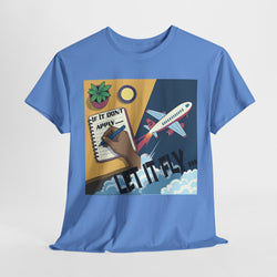 Blue t-shirt with a graphic design featuring a hand, notebook, plant, and airplane on a light gray background.