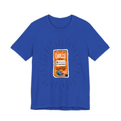 Blue t-shirt with a graphic of a snack packet on a white background