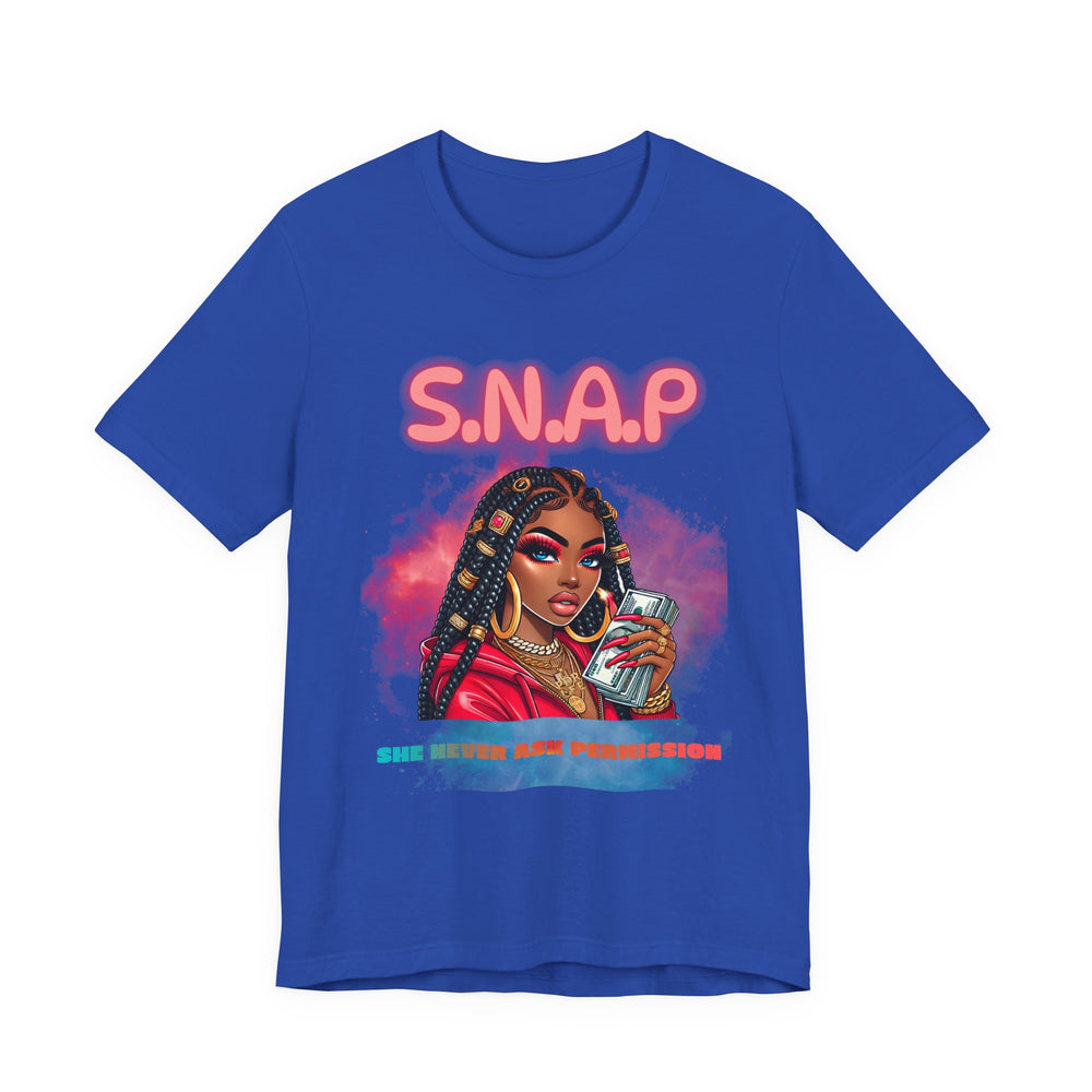 Blue t-shirt with a graphic of a woman and 'S.N.A.P' text on a white background