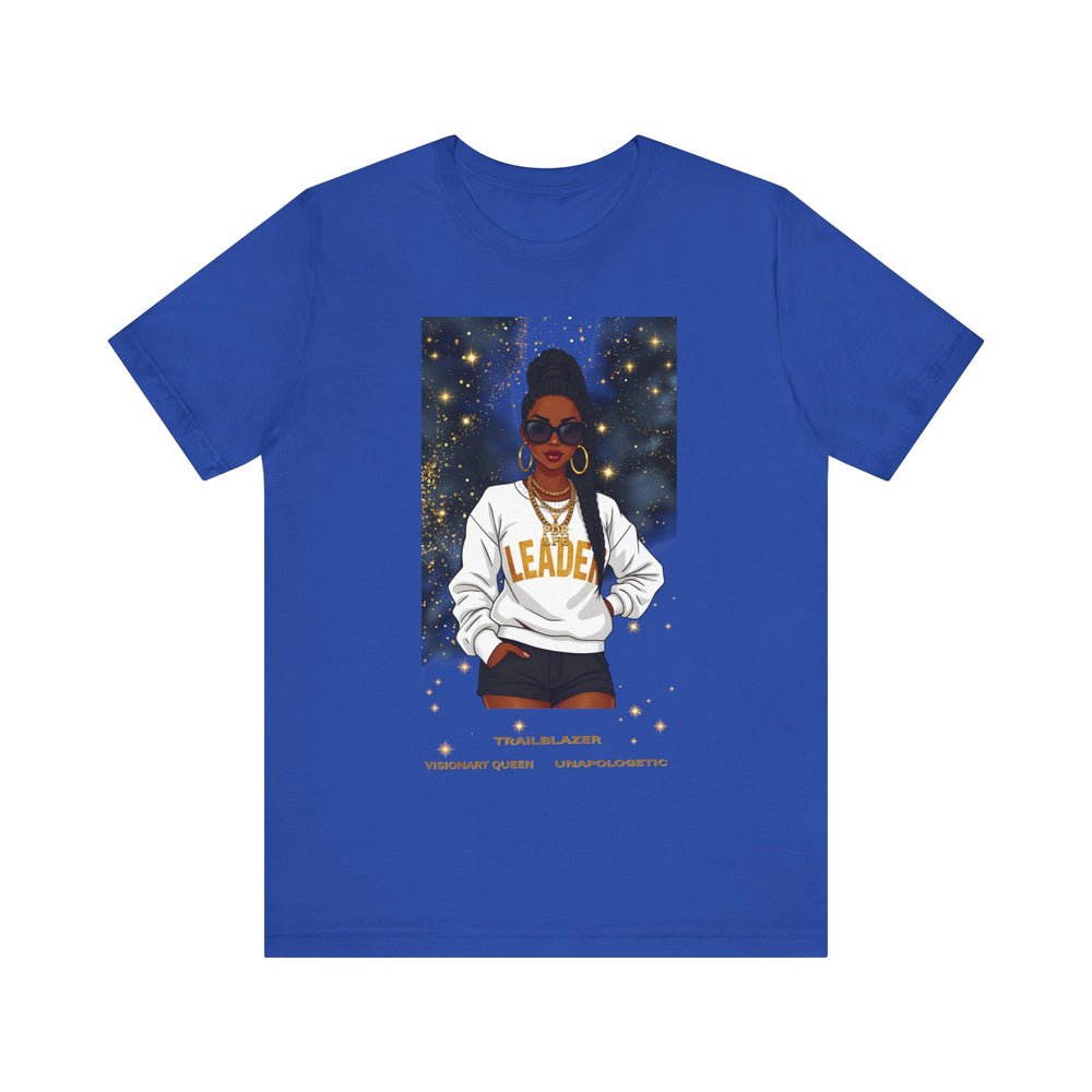 Blue t-shirt with a graphic of a woman wearing sunglasses and a Leader sweatshirt on a white background.
