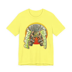 Bright Yellow t-shirt with graphic design and text on a white background