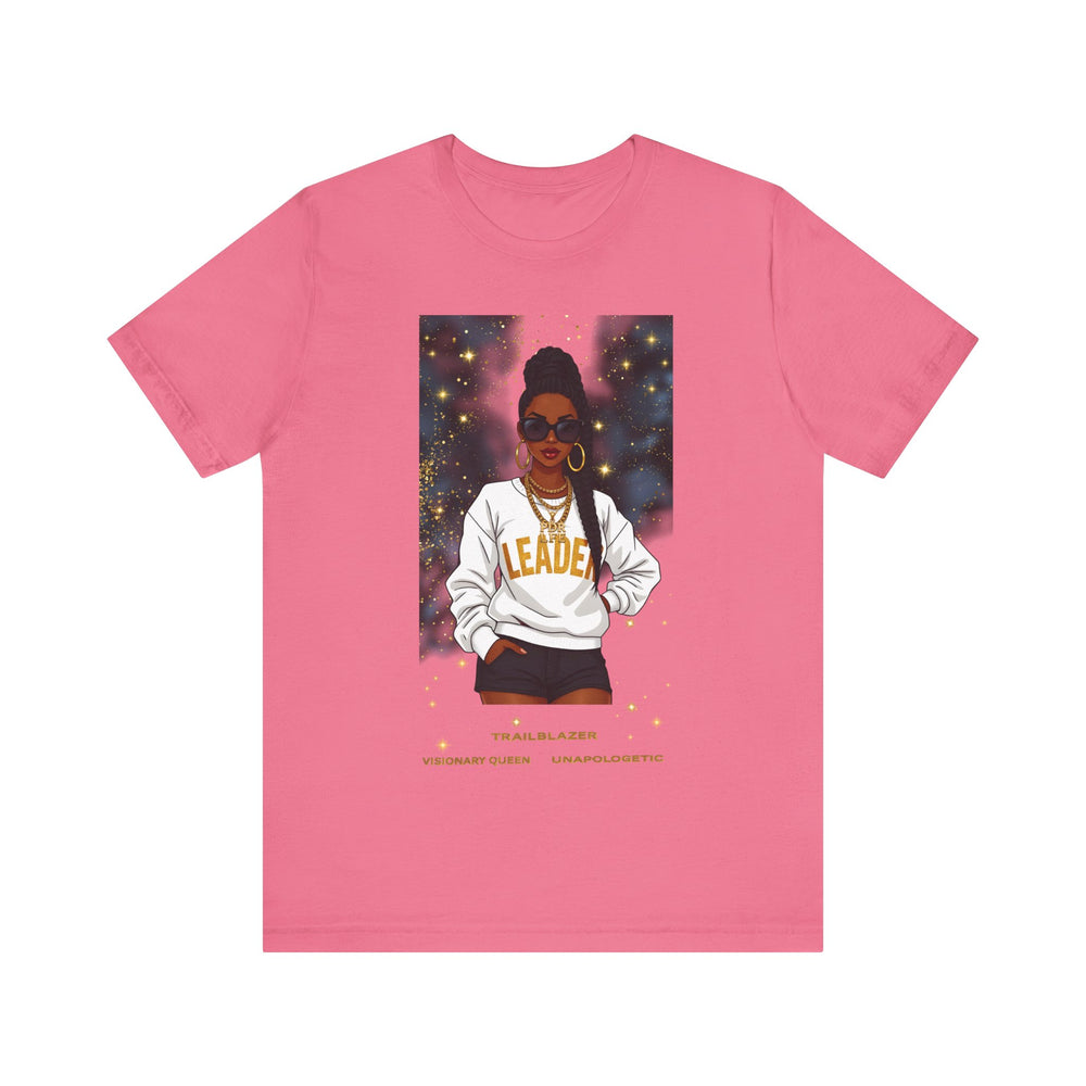 Pink t-shirt with a graphic of a woman wearing a 'Leader' sweatshirt on a white background