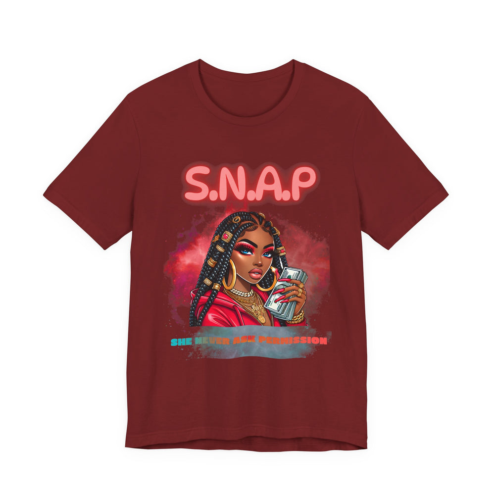 Cardinal t-shirt with a graphic of a woman holding a phone and S.N.A.P text on a white background