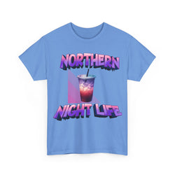 Carolina Blue t-shirt with 'Northern Night Life' graphic design on a white background