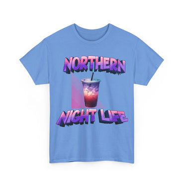 Carolina Blue t-shirt with 'Northern Night Life' graphic design on a white background