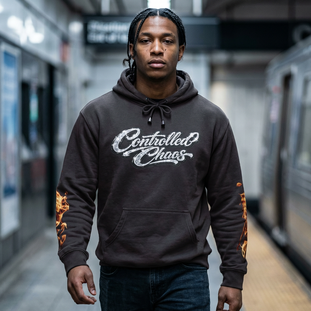 Controlled Chaos Hoodie — Graphic Streetwear Pullover with Sleeve Fox Art