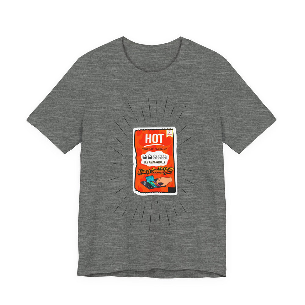 DEEP HEATHER Gray t-shirt with a hot sauce packet graphic on a white background