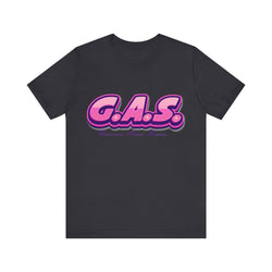 Dark Grey t-shirt with 'G.A.S.' in pink and purple on a white background